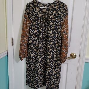 Love Sadie Floral Black & Brown Long Balloon Sleeves Peasant Shift Mini Dress L